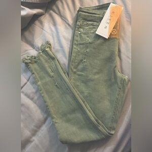 Olive Green Distressed Ankle Jeans